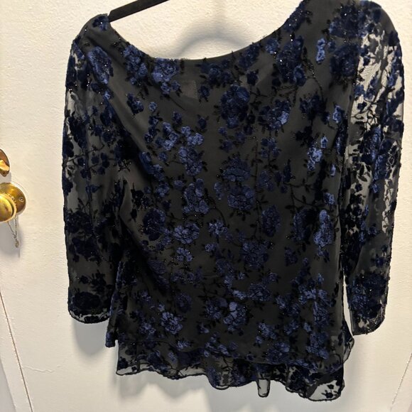 Alex Evenings Burnout Floral Black Sparkle /Navy Chiffon Blouse Size Medium - Picture 2 of 5